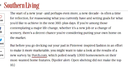 Screenshot of a Southern Living web page with a link to Porch.com.