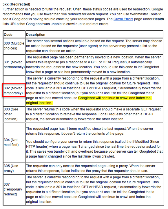 google documentation on server responce codes 3xx