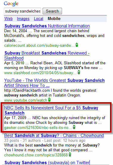 Mobile Search-Subway Sandwiches