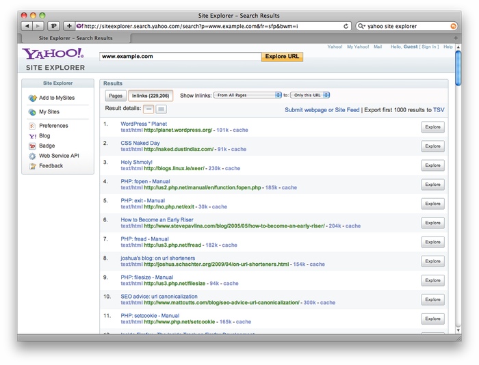 Yahoo Site Explorer