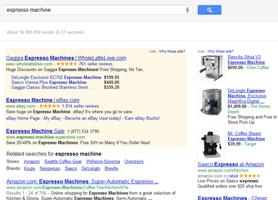 espresso machine paid search results