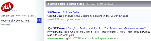 Ask.com Site Command for SEOmoz