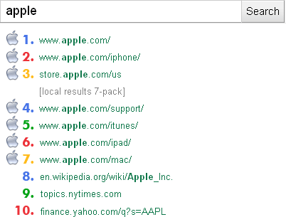 Top 10 Google results for apple