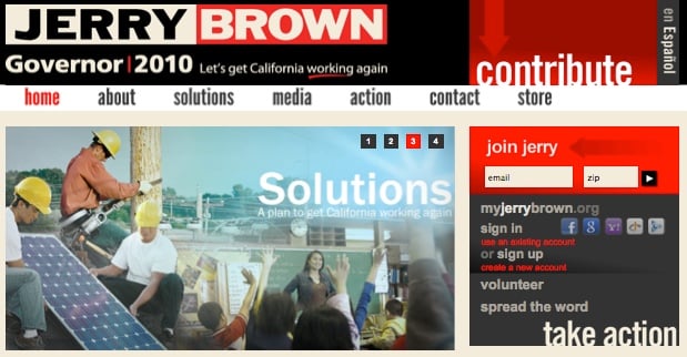 Social sharing on Jerry Brown's home page - no Twitter