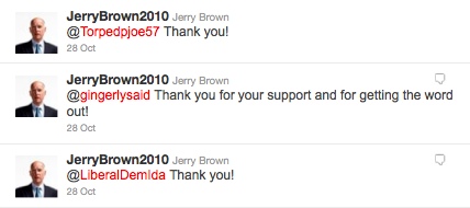 Brown's tweets attempting to connect with californians