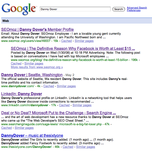 Danny Dover Google SERP