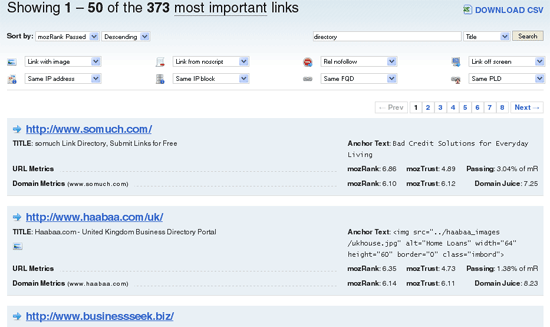 Links with "directory" in the URL via Linkscape