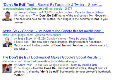 Don't Be Evil Toolbar SERPs w/ Authors Highlighted