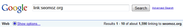 Google's link command for SEOmoz