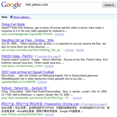 Google's Link Command Results for Yahoo.com