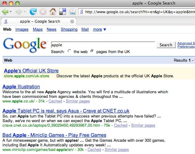 Google search for apple with pages from the uk checked