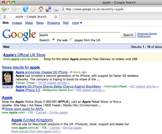 Google search results for apple