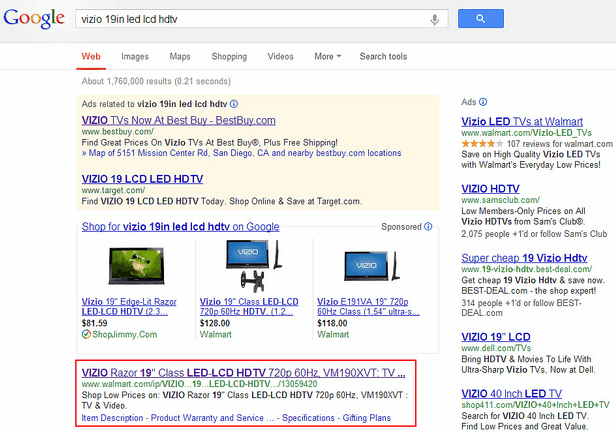 Google Results for Vizio 19in