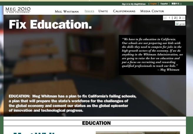 Meg Whitman landing page on education