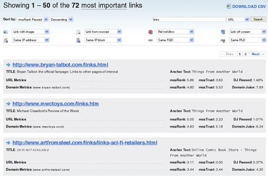 Links that contain "links" in the URL via Linkscape