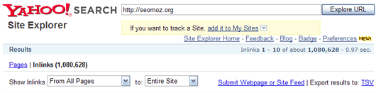 Yahoo! Site Explorer Showing One Million Links to SEOmoz