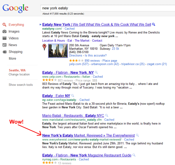 SERPs at Google for New York Eataly