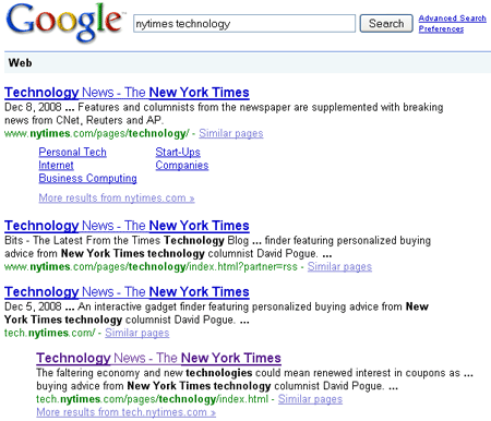 Google Search Results for NYTimes Technology Section