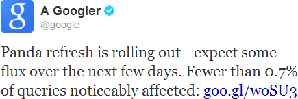 Tweet from Google - "Fewer than 0.7% of queries noticeably affected"