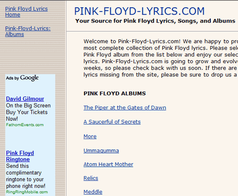 Contextual Ads on Pink-Floyd-Lyrics.com