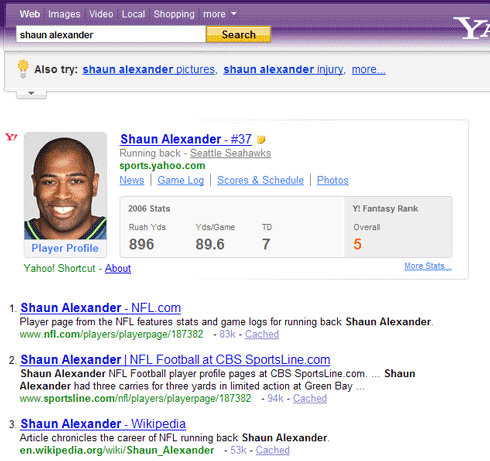 Purple Yahoo! SERPs for "Shaun Alexander"