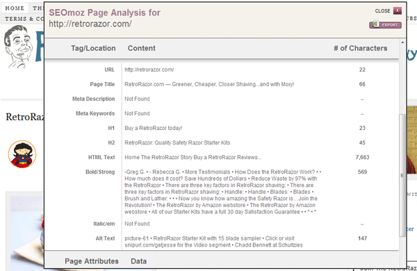 RetroRazor.com with Page Analysis Overlay