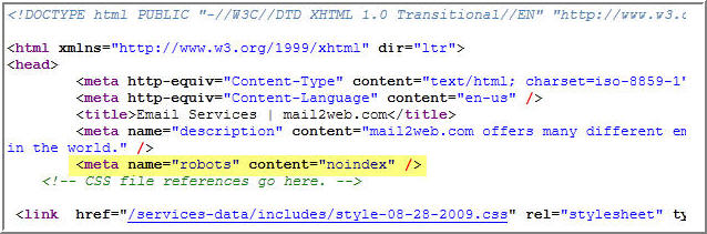 source code showing noindex