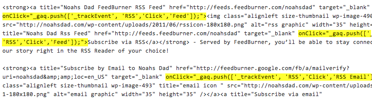 analytics event tracking code in rss links