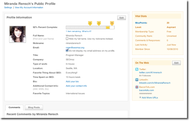 Screenshot of a Public Profile