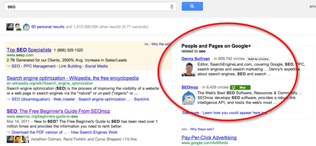 SEO SERP recommending me to follow Danny Sullivan and SEOmoz