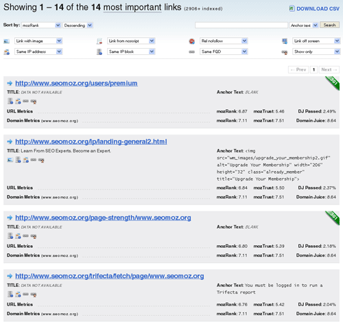 Some of SEOmoz's Highest mozRank Pages According to Linkscape