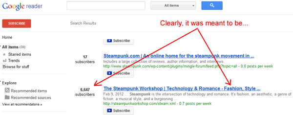 Steampunk search on Google Reader