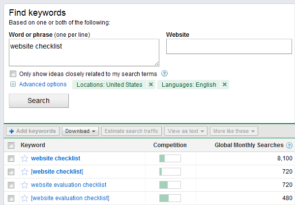 Google keyword tool screen