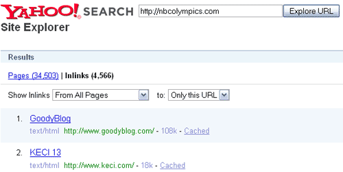 Yahoo! Site Explorer Link Results for NBCOlympics.com