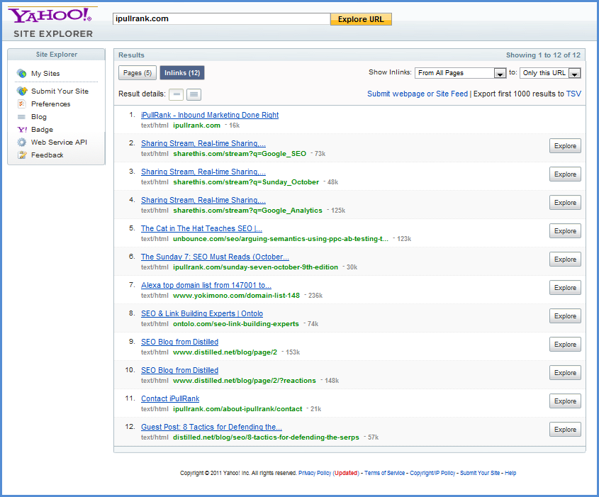 Yahoo Site Explorer Backlink Screenshot