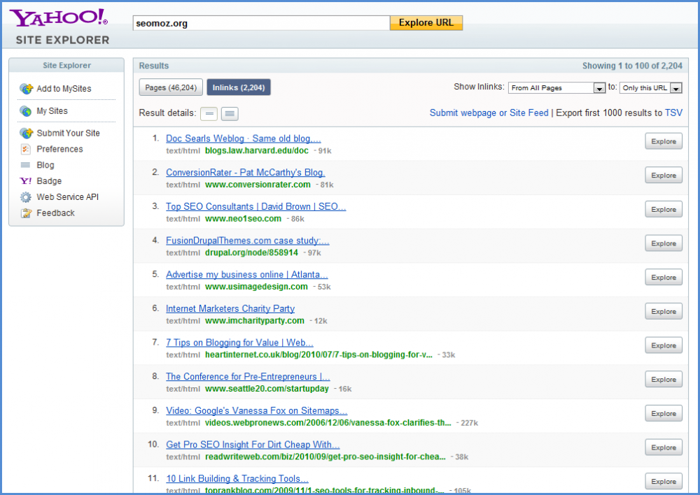 Yahoo Site Explorer Competitor Backlinks Screenshot